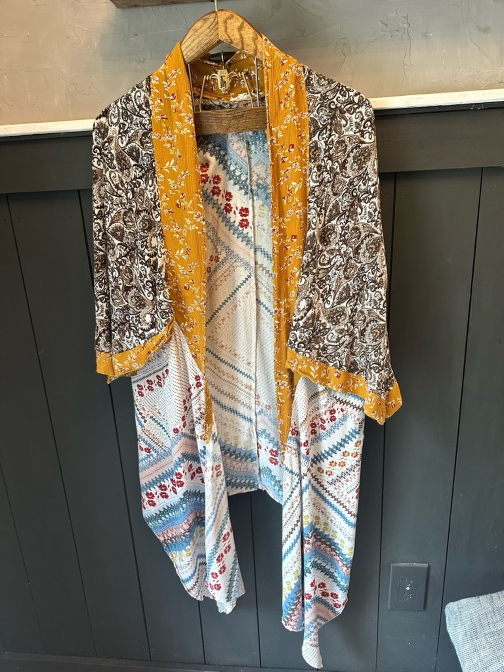 Oddy Multicolor Boho Patchwork Open Front Maxi Kimono Mustard Trim One Size